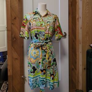 NWT Le Ragazze Multicolor Paisley Linen Shirt Dress Size M Italian Dress